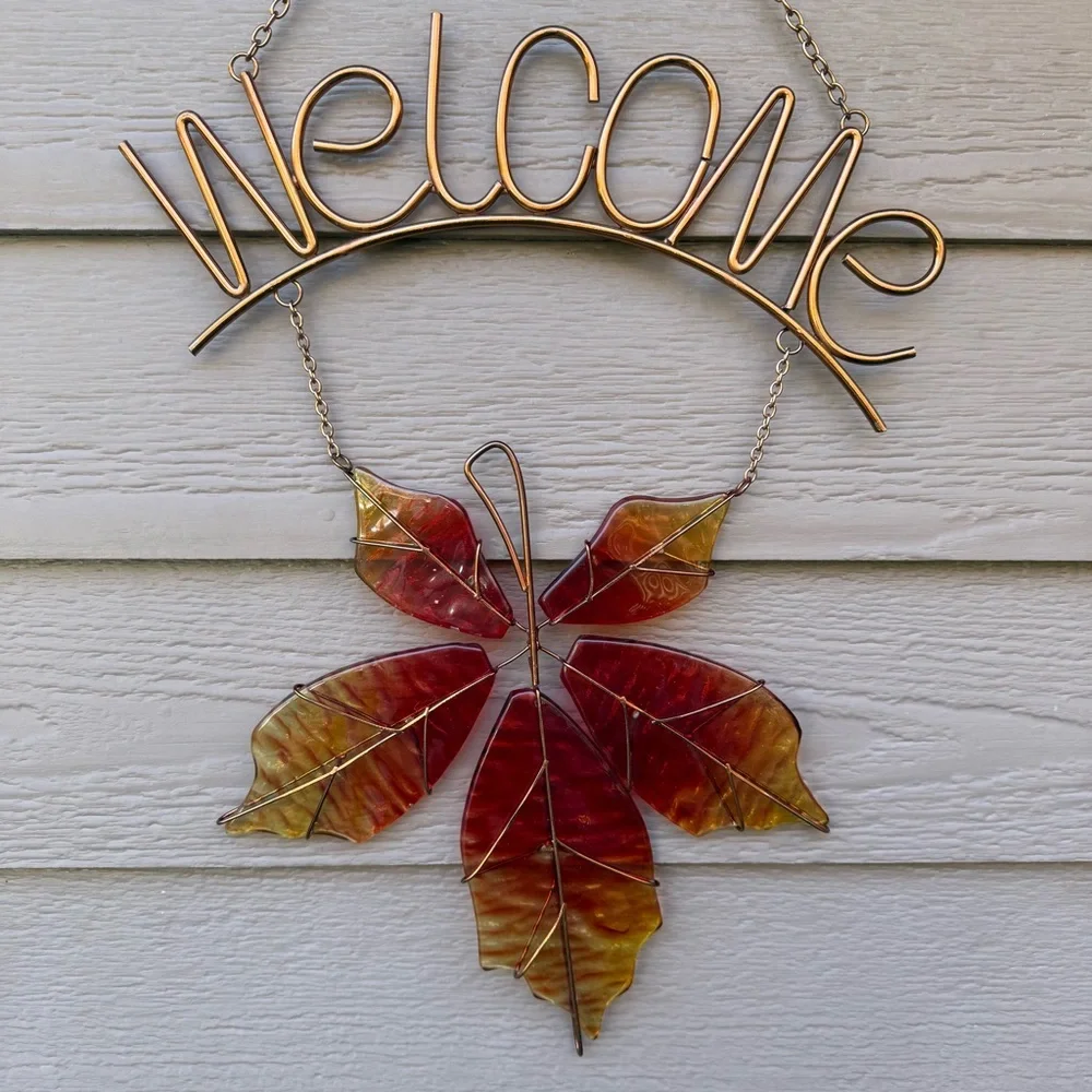 Copper Welcome Sign With Glass Maple Leaf Rustic Country Handmade Artisan Pretty